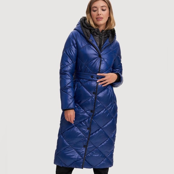 NOIZE Cobalt Blue Belted Long Puffer Coat Winter Jacket Blk Trim Medium 8-10 NWT - Picture 1 of 13